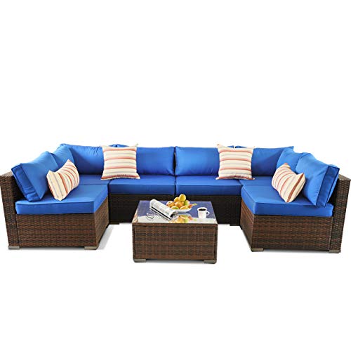 Outdoor Sofa Set Brown Rattan Couch Wicker 7PCS Sectional Conversation Lawn Garden Patio Furniture Set with Royal Blue Cushion