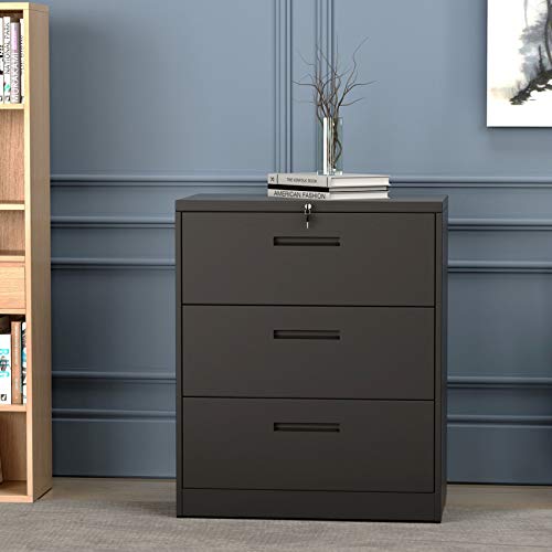 Lateral File Cabinet 3 Drawers with Lock Heavy Duty Metal File Cabinets with Drawers Not Assembled Black 35.4" L ×17.7W ×40.3" H (Black)