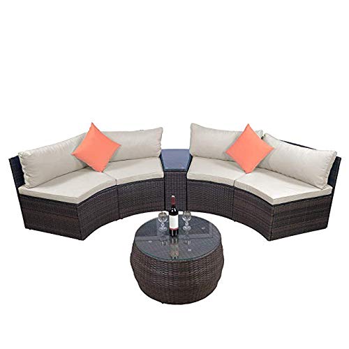 LZ LEISURE ZONE 6-Piece Outdoor Patio Sofa Furniture Sets Half-Moon Sectional Wicker W/ Two Pillows & Coffee Table Beige Cushions