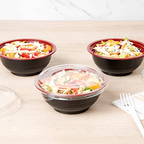 18 Ounce Plastic Food Bowls, 200 With Lid Disposable Food Containers - Mircowave-Safe, BPA-Free, Black And Red Plastic To Go Bowls, Disposable - Restaurantware