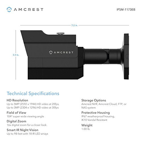 2-Pack Amcrest UltraHD 5MP Outdoor POE Camera, Bullet IP Security Camera, Outdoor IP67 Waterproof, 104° Viewing Angle, MicroSD Recording, 98ft Night Vision, 5-Megapixel, 2PACK-IP5M-1173EB (Black)