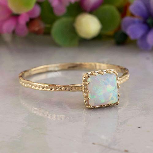 14K Solid Gold White Opal Ring - 14K Yellow Gold Dainty Solitaire Ring, October Birthstone 5x5mm Square Gemstone, Minimalist Handmade Gift, Unique Promise Ring, Delicate Jewelry Classy Gift for Women