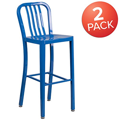 Flash Furniture Commercial Grade 2 Pack 30" High Blue Metal Indoor-Outdoor Barstool with Vertical Slat Back