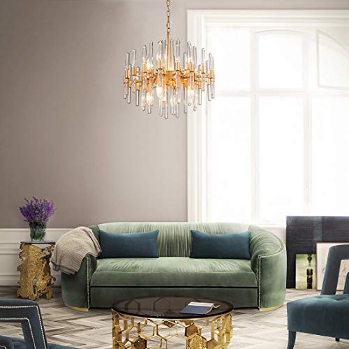 TZOE Modern Chandeliers,Crystal Chandelier,8 Light Round Pendant Light,Width 19 inch,Golden Metal + Clear Glass,Adjustable Height,UL Listed