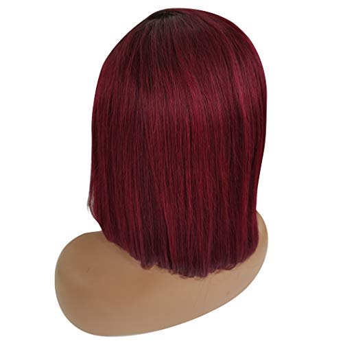 13x6 Lace Front Wigs Ombre Human Hair Balayage Short Straight Bob Wig Natural Balck to Dark Wine Color for Black Women