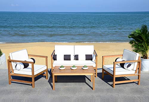 Safavieh PAT7030C Collection Montez Teak and Black and White 4 Pc Accent Pillows Outdoor Set, Natural/Brown
