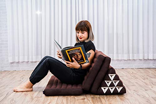 Leewadee Foldout Triangle Thai-Cushion Floor-Seat with Back-Rest TV Pillow Lounge-r Foldable Out-Door Mattress, 31.5x67x15 inches, Kapok, Black red