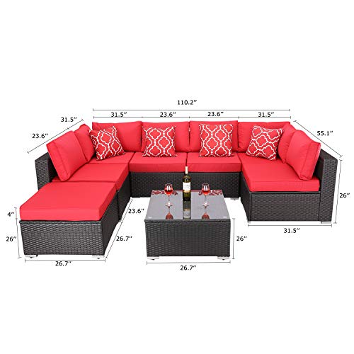 Do4U 8 Pieces Patio Furniture Sets Outdoor All-Weather Wicker Rattan Sofa Cushioned Seating and Back Sectional Conversation Set, Two Red Pillows (Red)