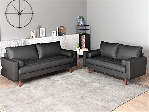 Container Furniture Direct Orion Mid Century Modern PU Leather Upholstered Living Room Loveseat with Bolster Pillows, 69.68" Black