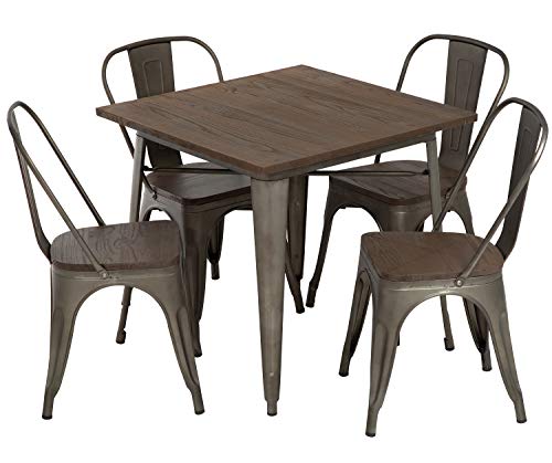 FDW 5-Piece Patio Table Set Square Metal Table Wood Top Table 31x31" 4 Chairs,Bronze