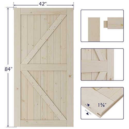 SmartStandard 42 x 84in Sliding Barn Wood Door Pre-Drilled Ready To Assemble DIY Unfinished Solid Spruce Paneled Slab Interior Natural