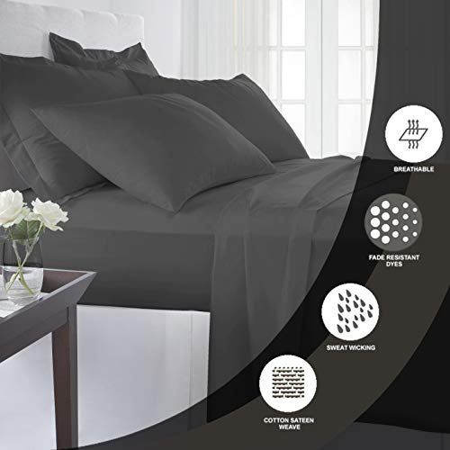 1000 Thread Count Charcoal 6 Piece Queen Sheet Set with 2 Extra Pillow Cases, 100% Long Staple Cotton Smooth Sateen Weave Bed Sheets with Deep Pockets, Value Pack 6 pc Cotton Sheets Queen Grey