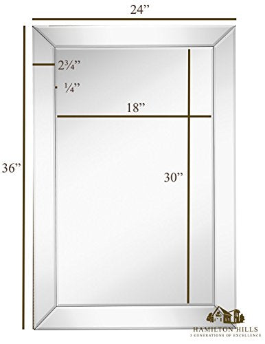 Large Framed Wall Mirror with Angled Beveled Mirror Frame | Premium Silver Backed Glass Panel Vanity, Bedroom, or Bathroom | Luxury Mirrored Rectangle Hangs Horizontal or Vertical (24" x 36")