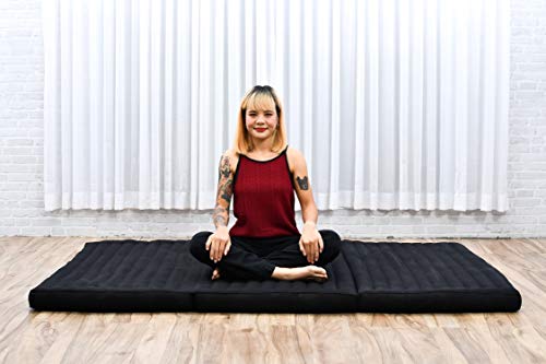 Leewadee Large Foldable Thai Mattress, 82x46x3 inches, Guest Bed Tri-Fold Yoga Floor Mat Thai Massage Pad TV Floor Seat with Backrest Game Chair Eco-Friendly Organic and Natural, Kapok, Anthracite