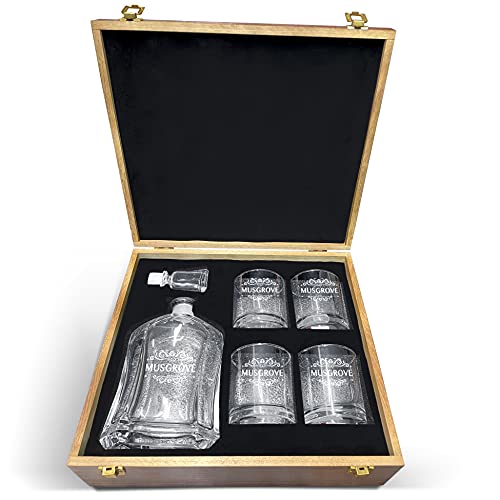 Krezy Case Personalized Liquor Decanter & Whiskey Glasses - Decanter for Groomsmen - Decanter with 2 Whiskey glasses - Classic design with name engraved - Anniversary, Engagement Decanter