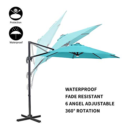 10 FT Patio Umbrella Cantilever Umbrella with Solar LED Light 360° Rotation Hanging Umbrella with Tilt & Crank Outdoor Market Umbrella,8 Sturdy Ribs(Blue)