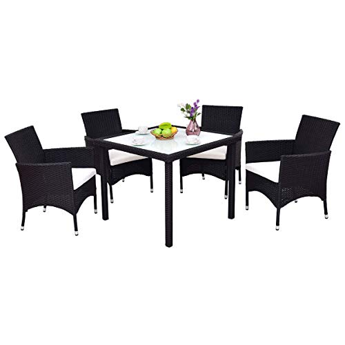 Tangkula 5PCS Patio Wicker Dining Set, Rattan Table 4Chairs Cushioned Seat w/ Removable Cushions Black