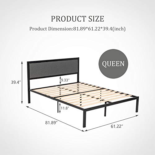 LAGRIMA Heavy Duty Metal Queen Bed Frame/Platform Bed with Grey Foam Cushioned Upholstered Headboard/with Solid Wood Slats Support/Mattress Foundation/Queen, Black
