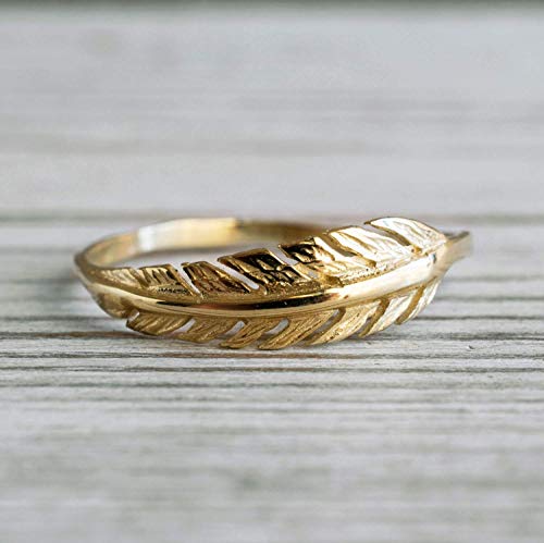 14K Gold Feather Ring - 14K Solid Yellow Gold Dainty Boho Feather Ring, Unique Minimalist Thin Ring, Bohemian Simple Minimal Delicate Jewelry, Handmade Birthday Gift for Women