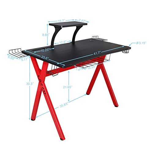 Lazzo Stylish 41.7" Multifunction Computer Gaming Desk Music Workstation With Removable Display Support Plate,Cup Holder and Headphone Hook,Storage Basket,For Home Office Bedroom,Red & Black 41"x23.5"
