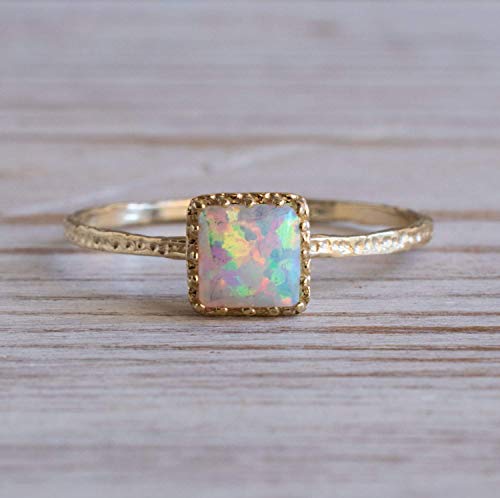 14K Solid Gold White Opal Ring - 14K Yellow Gold Dainty Solitaire Ring, October Birthstone 5x5mm Square Gemstone, Minimalist Handmade Gift, Unique Promise Ring, Delicate Jewelry Classy Gift for Women