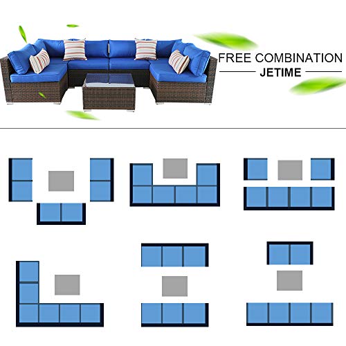 Outdoor Sofa Set Brown Rattan Couch Wicker 7PCS Sectional Conversation Lawn Garden Patio Furniture Set with Royal Blue Cushion