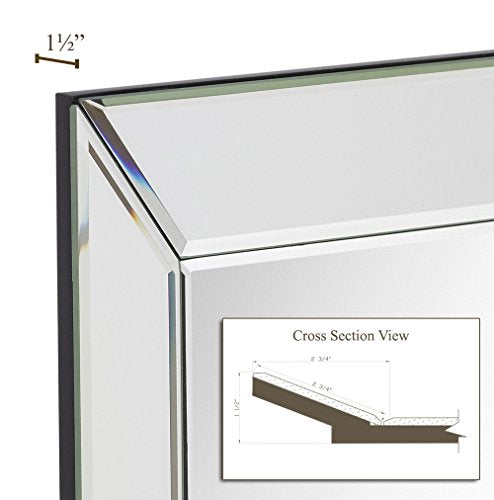 Large Framed Wall Mirror with Angled Beveled Mirror Frame | Premium Silver Backed Glass Panel Vanity, Bedroom, or Bathroom | Luxury Mirrored Rectangle Hangs Horizontal or Vertical (24" x 36")