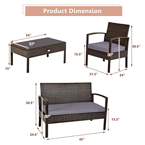 Tangkula 4Pc Outdoor Furniture Set Rattan Wicker Loveseat Sofa Cushioned Seat&Glass Top Coffee Table Modern