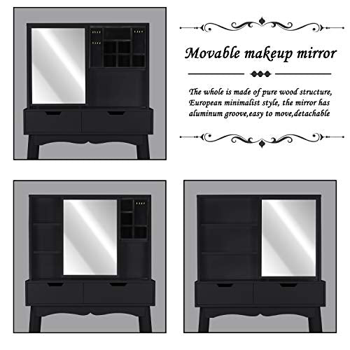 Vanity Set with Moving Mirror & Cushioned Stool Dressing Table Vanity Makeup Table, 2 Sliding Drawers,5 Storage Shelves, Jewelry Armoire Makeup Organizer Vanity Desk (Black)