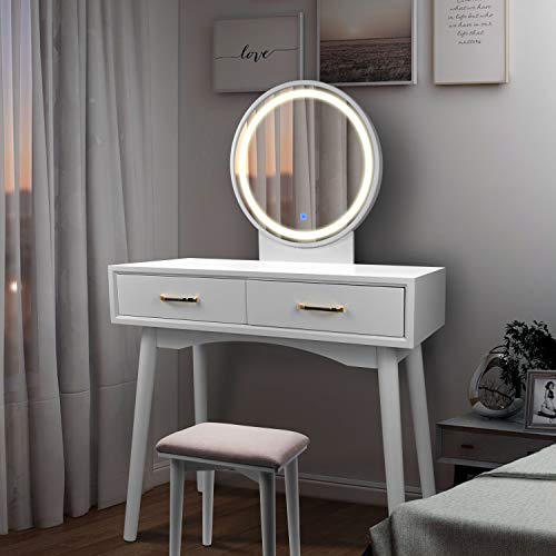 Vanity Lighted LED Touch Screen Dimming Round Mirror Makeup Dressing Table W/ 2 Sliding Drawers 1 Cushioned Stool