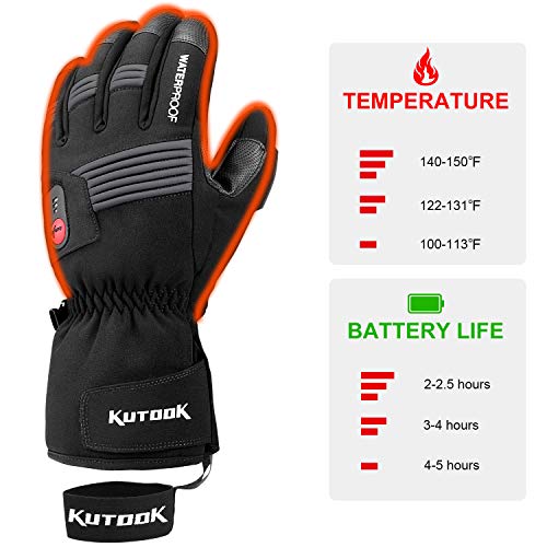 KUTOOK Electric Heat Gloves Rechargeable Battery Heated Gloves Waterproof Windproof in Winter Cold Weather Men Women Black Large