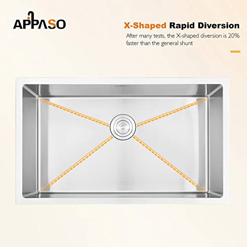 APPASO 32-Inch Single Bowl Kitchen Sink Undermount, 16-Gauge Stainless Steel 10-Inch Deep Commercial Handmade Large Drop-in Kitchen Sink, HS3219