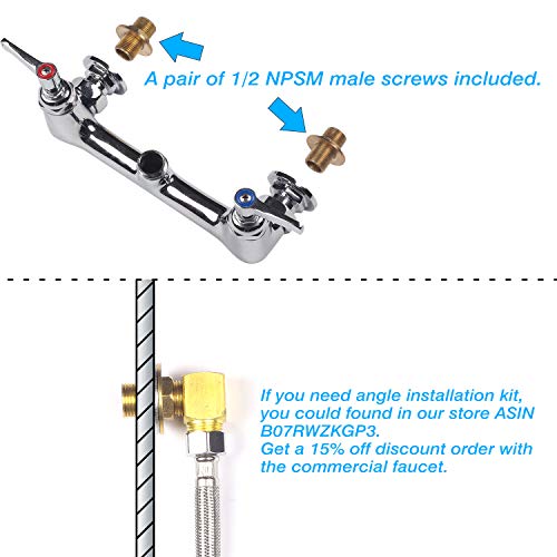 JZBRAIN Double Handle Commercial Kitchen 25" Height 8" Center Wall Mount Faucet with Pull Down Pre-Rinse Spray and Add-on Swing Spout