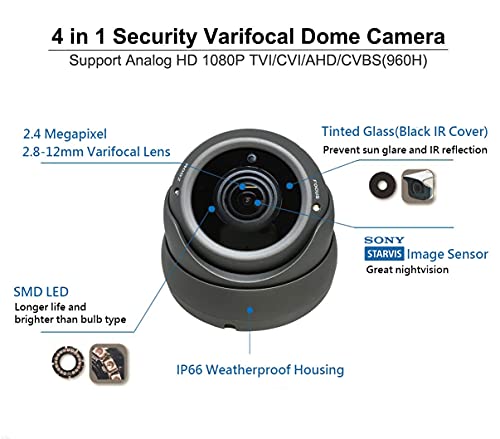 (3 Pack) 101AV Security Dome Camera 1080P True Full-HD 4 in 1(TVI, AHD, CVI, CVBS) 2.8-12mm Variable Focus Lens 2.4Megapixel STARVIS Image Sensor IR in/Outdoor WDR OSD Camera (Charcoal)