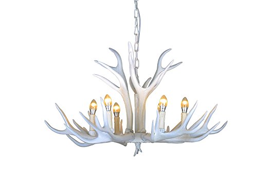 EFFORTINC Vintage Style Resin White Antler Chandelier 6 Lights,Living Room,Bar,Cafe, Dining Room, Bedroom,Study,Villas,American Retro Deer Horn Pendant Lights