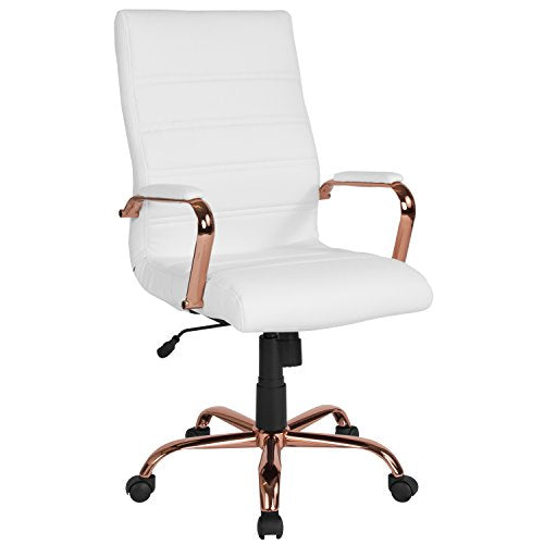 Flash Furniture High Back White LeatherSoft Executive Swivel Office Chair with Rose Gold Frame and Arms, BIFMA Certified