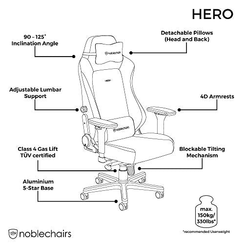 noblechairs Hero Gaming Chair - Office Chair - Desk Chair - Real Leather - 330 lbs - 125° Reclinable - Lumbar Support - Racing Seat Design - Black