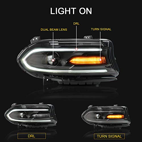 A&K Led Headlights for Dodge Charger 2015 2016 2017 2018 2019 2020,Dual Beam Head Lamp Assembly with Turn Signal Light and Led Daytime Running Light,Driver and Passenger Side(Clear Len)