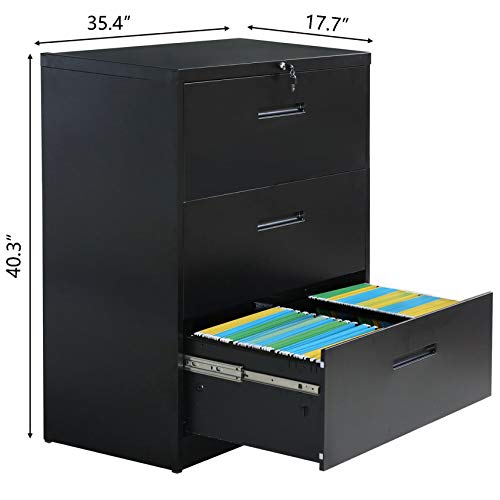 Lateral File Cabinet 3 Drawers with Lock Heavy Duty Metal File Cabinets with Drawers Not Assembled Black 35.4" L ×17.7W ×40.3" H (Black)