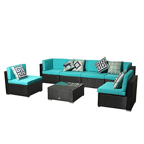 U-Eway Patio Furniture Sets All-Weather Outdoor Sectional Sofa Yard Manual Weaving Wicker Rattan Cushion Glass Table