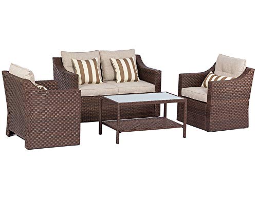 SOLAURA Outdoor Patio Furniture Set 5-Piece Conversation Set All Weather Wicker Furniture Sofa Set with Sophisticated Glass Coffee Table-Brown