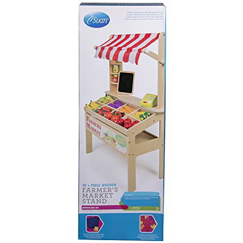 Wooden Farmers Market Stand - Kid's Playroom Furniture Grocery Stand for Pretend Play (30+ Pieces) - Includes Fruit, Chalkboard, and Cash Register