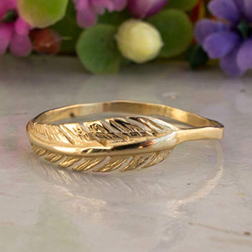 14K Gold Feather Ring - 14K Solid Yellow Gold Dainty Boho Feather Ring, Unique Minimalist Thin Ring, Bohemian Simple Minimal Delicate Jewelry, Handmade Birthday Gift for Women