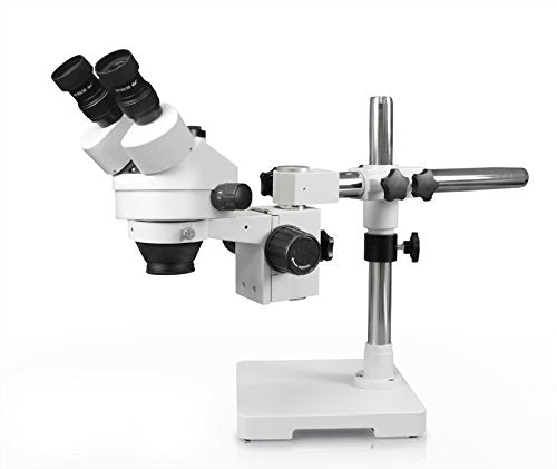 Vision Scientific VS-3F-IFR07 Simul-Focal Trinocular Zoom Stereo Microscope, 10x Widefield Eyepiece, 0.7X—4.5X Zoom Range, 7X—45x Magnification Range, Single Arm Boom Stand, 144-LED Ring Light