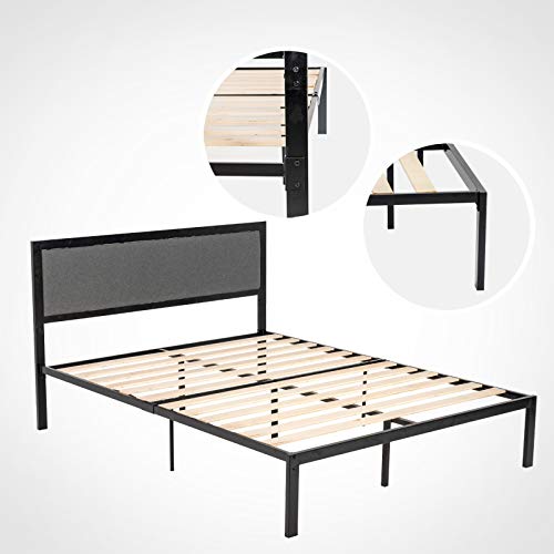 LAGRIMA Heavy Duty Metal Queen Bed Frame/Platform Bed with Grey Foam Cushioned Upholstered Headboard/with Solid Wood Slats Support/Mattress Foundation/Queen, Black