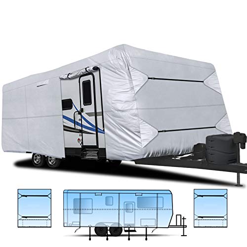 RVMasking Waterproof 150D Travel Trailer Rv Cover 26' 1"- 28' 6" L with Tongue Jack Cover and Adhesive Repair Patch, Ripstop Waterproof Camper Cover
