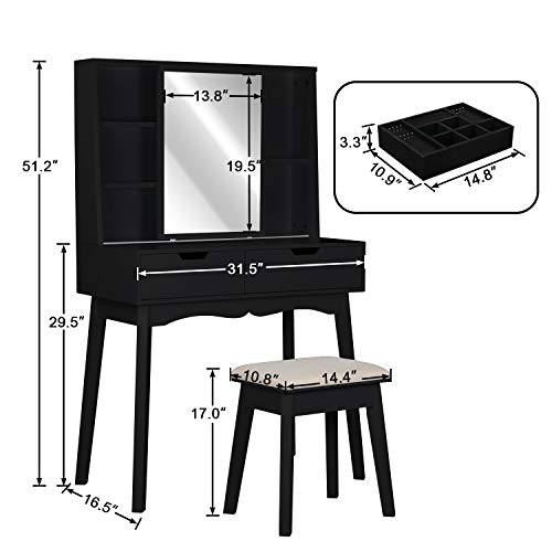 Vanity Set with Moving Mirror & Cushioned Stool Dressing Table Vanity Makeup Table, 2 Sliding Drawers,5 Storage Shelves, Jewelry Armoire Makeup Organizer Vanity Desk (Black)