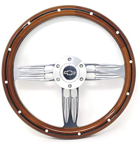 14" Inch Billet Polished & Wood Steering Wheel Bowtie Horn, 6 Hole