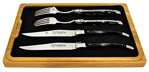 Laguiole en Aubrac Stainless Steel Set of 2 Forks and 2 Knives with Water Buffalo Handle