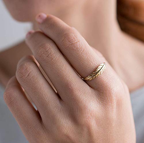 14K Gold Feather Ring - 14K Solid Yellow Gold Dainty Boho Feather Ring, Unique Minimalist Thin Ring, Bohemian Simple Minimal Delicate Jewelry, Handmade Birthday Gift for Women
